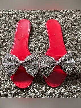 Women’s Red Slide Sandals with Crystal Bow Accent